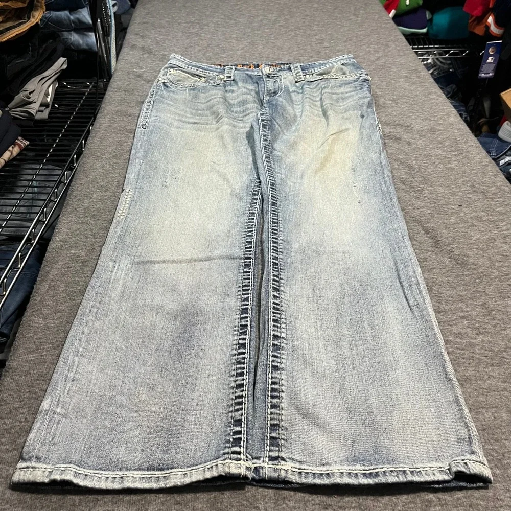 Rock Revival Sawyer Relaxed Straight Jeans Mens 34x31 LightWash Y2K Bootcut Blue